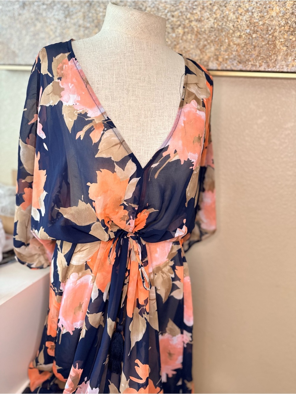 CATO Floral Sheer Maxi Romper Navy Pink Wide Leg Kimono Cover Up Large - Picture 7 of 9